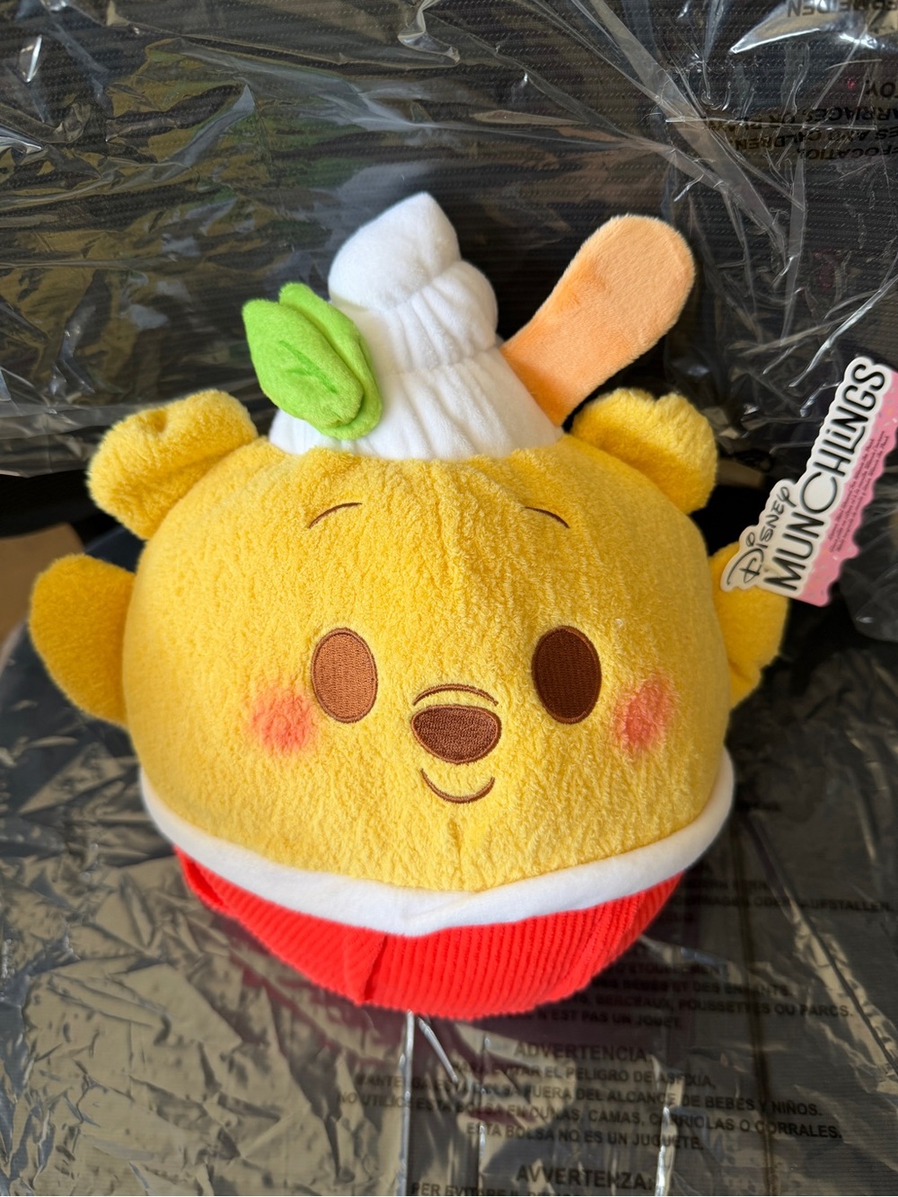 Disney Yellow Winnie-the-Pooh Plush with Red Outfit and White Hat